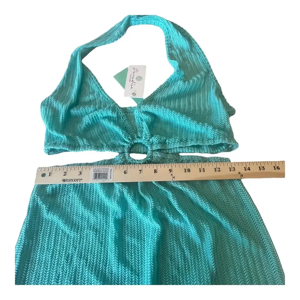 NEW Cut Out Crochet Beach COVER UP DRESS Teal Green Bodycon LG Plunge Halter